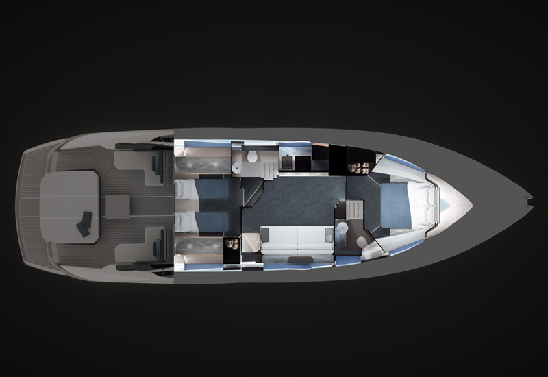 Top View Layout of the Sunseeker Superhawk 55 Showing Exterior Cockpit, Salon and Cabins Designed by Marco Parentela Italian Yacht Designer
