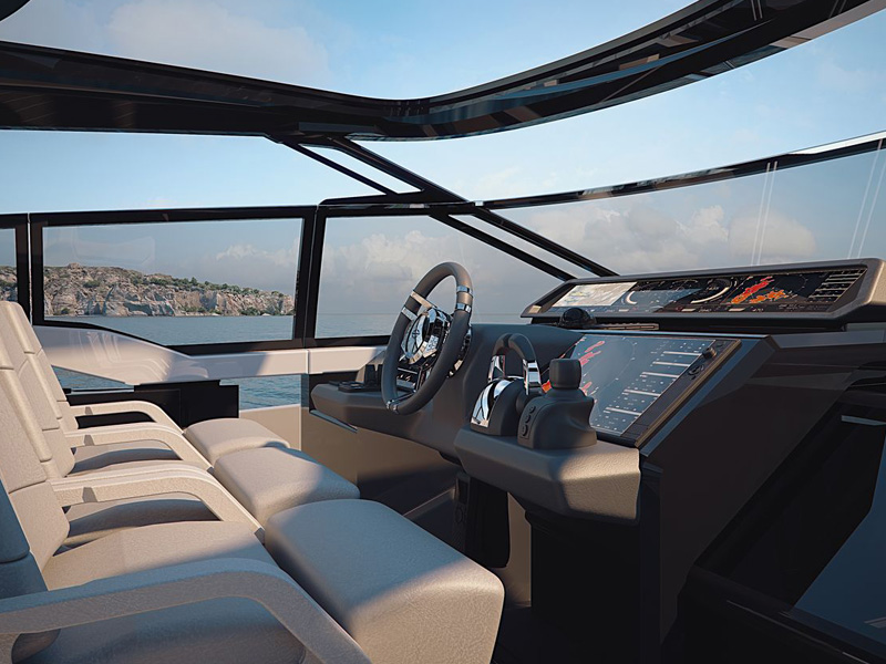 Helm Station of the Sunseeker Superhawk 55 Yacht with Panoramic Windshield and Sport Steering Wheel Designed by Italian Yacht Designer Marco Parentela