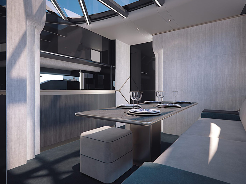 Interior Dinette of the Sunseeker Superhawk 55 Yacht with Custom Table and Sofas Interior Yacht Designed by Marco Parentela