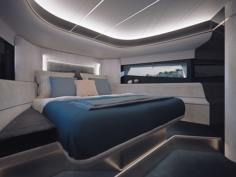 Master Cabin of the Sunseeker Superhawk 55 Yacht with Floating Bed and Soft LED Lighting Designed by Italian Yacht Designer