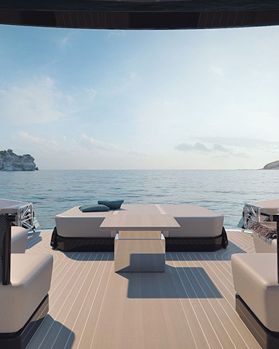 Sunseeker Superhawk 55 Yacht Aft Deck with Sun Loungers and Seating Overlooking the Sea Designed by Marco Parentela