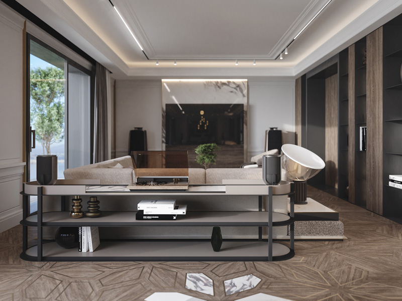 Back-of-sofa Console with Hi-fi System in the Luxury Living Room of Villa Belvedere in Lake Como Designed by Marco Parentela