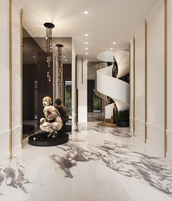 Luxury Corridor with Marble Floor leading towards the Internal Staircase of Villa Belvedere in Lake Como Designed by Marco Parentela