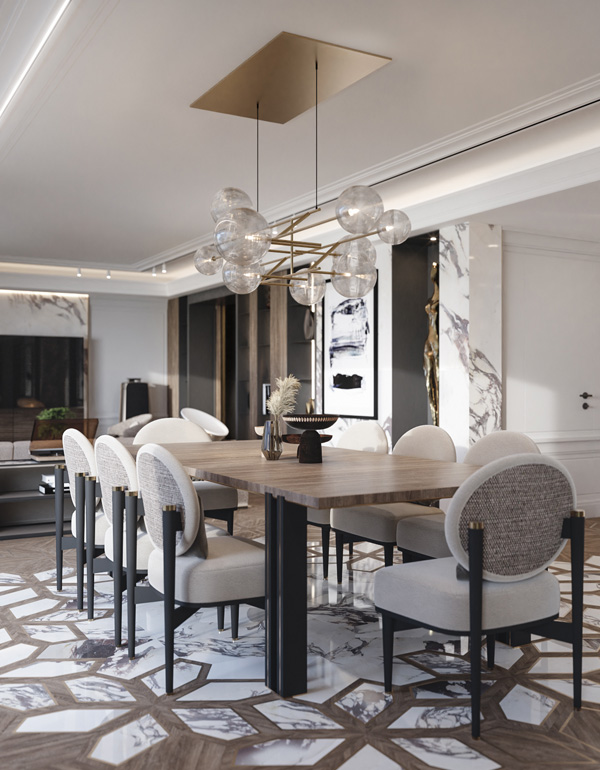 Luxury Dining Room with Upholstered Chairs and Inlaid Wood-and-marble Floor, Opening Towards Lake Como in Villa Belvedere