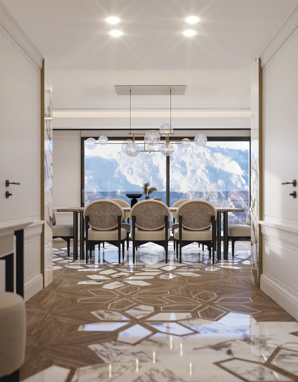 Entrance Hall with Dramatic Veined Marble Floor introducing the Luxury Interiors of Villa Belvedere. Designed by Marco Parentela Designer