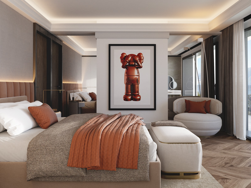 Guest Bedroom with Upholstered Bed and Contemporary Artwork, part of the Luxury Design of Villa Belvedere in Lake Como