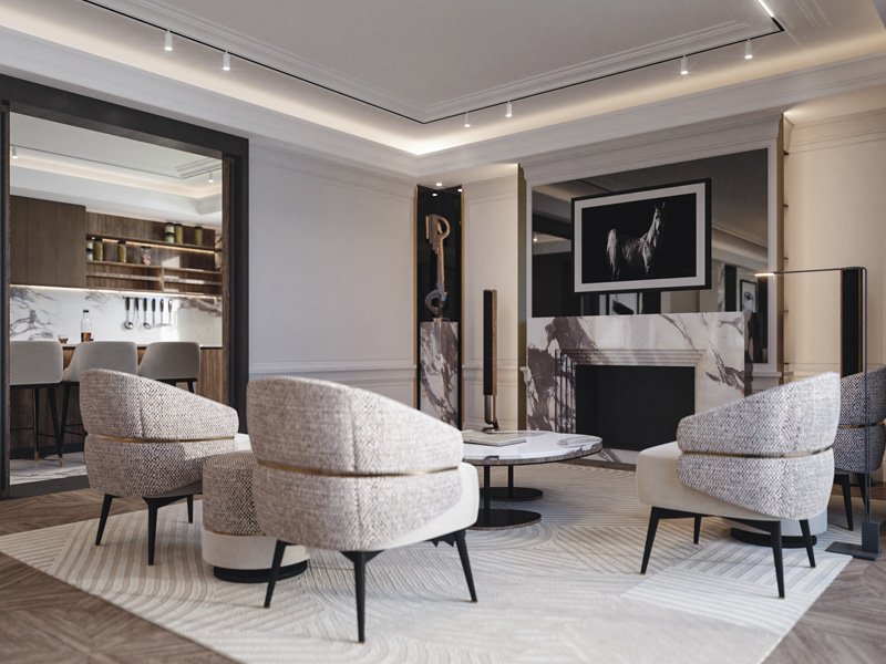 Luxury Living Room with Marble Fireplace and Contemporary Armchairs Designed by Marco Parentela for Villa Belvedere on Lake Como