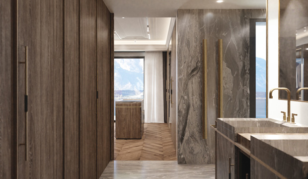 Luxury Master Bathroom in Grey Marble Designed by Interior Designer Marco Parentela for Villa Belvedere on Lake Como.