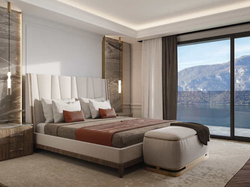 Luxury Master Bedroom with Panoramic Window Overlooking Lake Como, Designed by Marco Parentela
