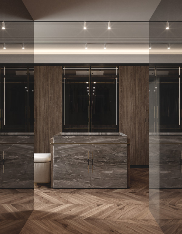 Luxury Walk-in Closet with Central Marble Island in the Master Suite of Villa Belvedere in Lake Como Designed by Marco Parentela Designer