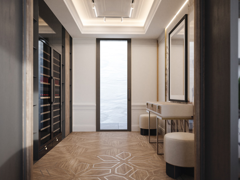 Luxury Wine Cellar with Geometric Timber Floor and Custom Wine Fridges part of the High-end Interiors of Villa Belvedere in Lake Como Designed by Marco Parentela