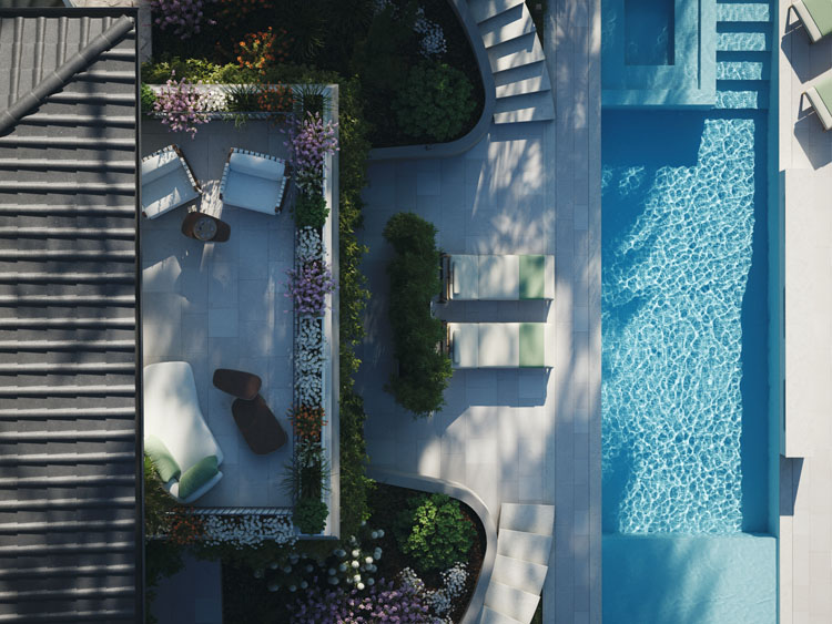 Aerial View of Pool, Terraces and Lush Garden at Villa Magnolia in Como, Exterior Design by Italian Designer Marco Parentela