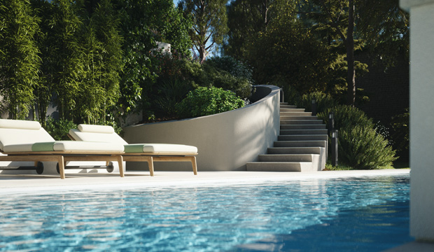 Curved Garden Staircase and Sun Loungers by the Pool at Villa Magnolia, Lake Como, Exterior Design by Marco Parentela