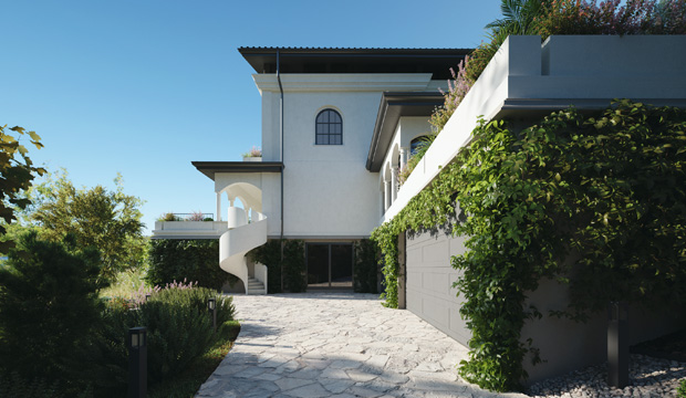 Driveway Side with Garage Entrance and Outdoor Spiral Staircase, of Villa Mangolia in Como, Exterior Design by Marco Parentela