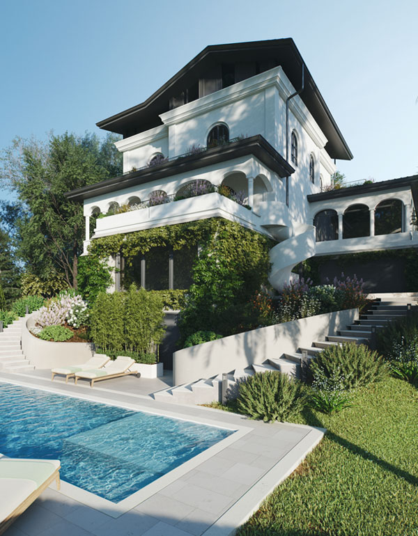 Oblique View of Villa Mangolia in Como with Hillside Garden, Pool and Curved Staircases, Exterior and Landscape Design by Marco Parentela