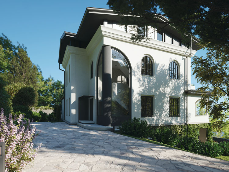 Exterior Design of Villa Mangolia in Como with Arched Glass Entrance by Italian Designer Marco Parentela
