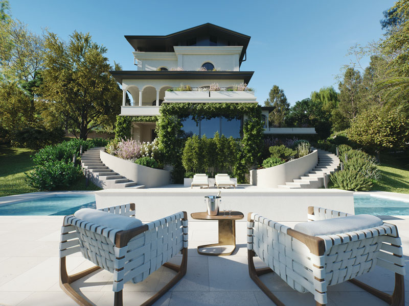 Poolfront View of Villa Mangolia in Como with Double Curved Staircases, Exterior Design by Marco Parentela