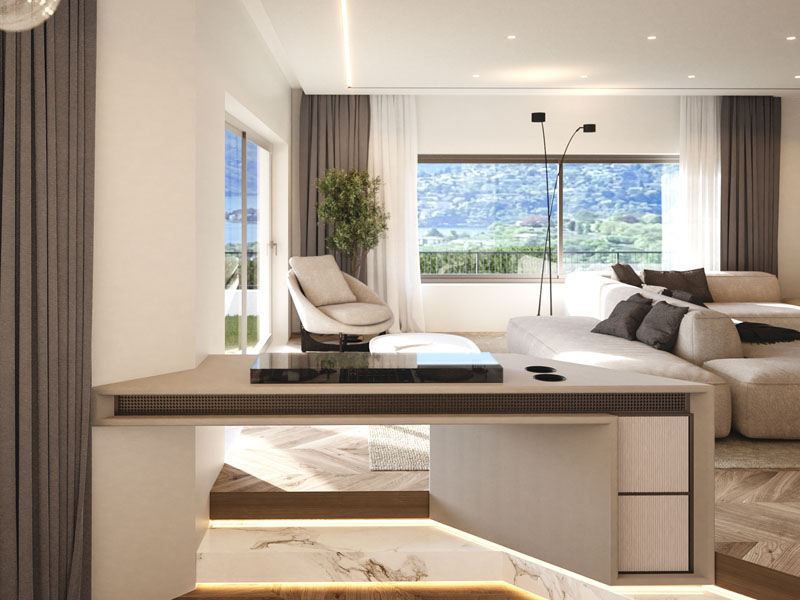 Contemporary Living Room with Lake View and Custom Console in a Luxury Villa in Muzzano Designed by Marco Parentela