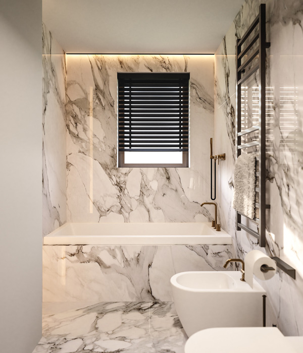 Luxury Marble Bathroom with Bathtub in a Private Villa in Muzzano, Lake Lugano, Designed by Italian Interior Designer Marco Parentela