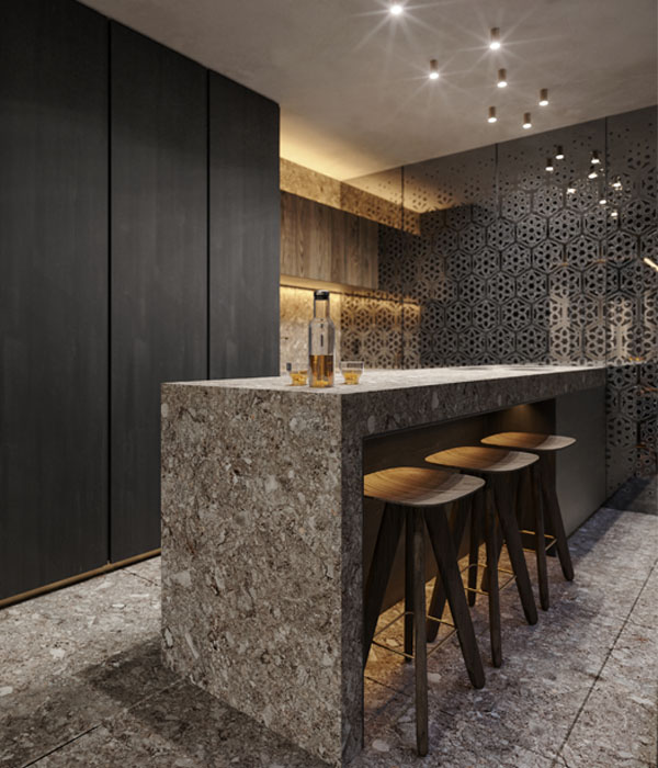 Luxury Apartment Kitchen with stone island by Italian Interior Designer Marco Parentela in Lugano, Switzerland