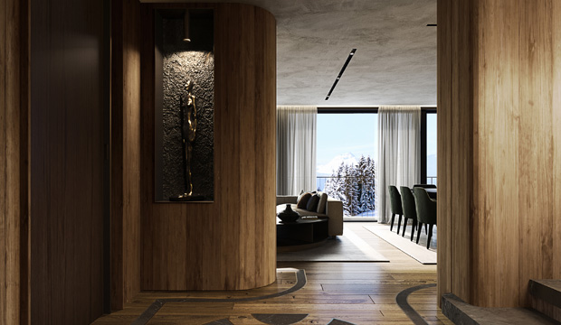 Entrance of PPP7 Luxury Mountain Apartment with Sculptural Niche and view of Living and Dining Area by Marco Parentela